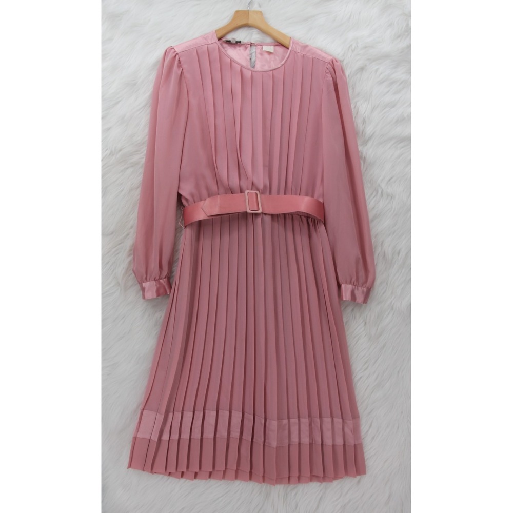 Vintage 1980s In The Mood Pink Satin Pleated Midi Dress Womens Size 10/12 Belted